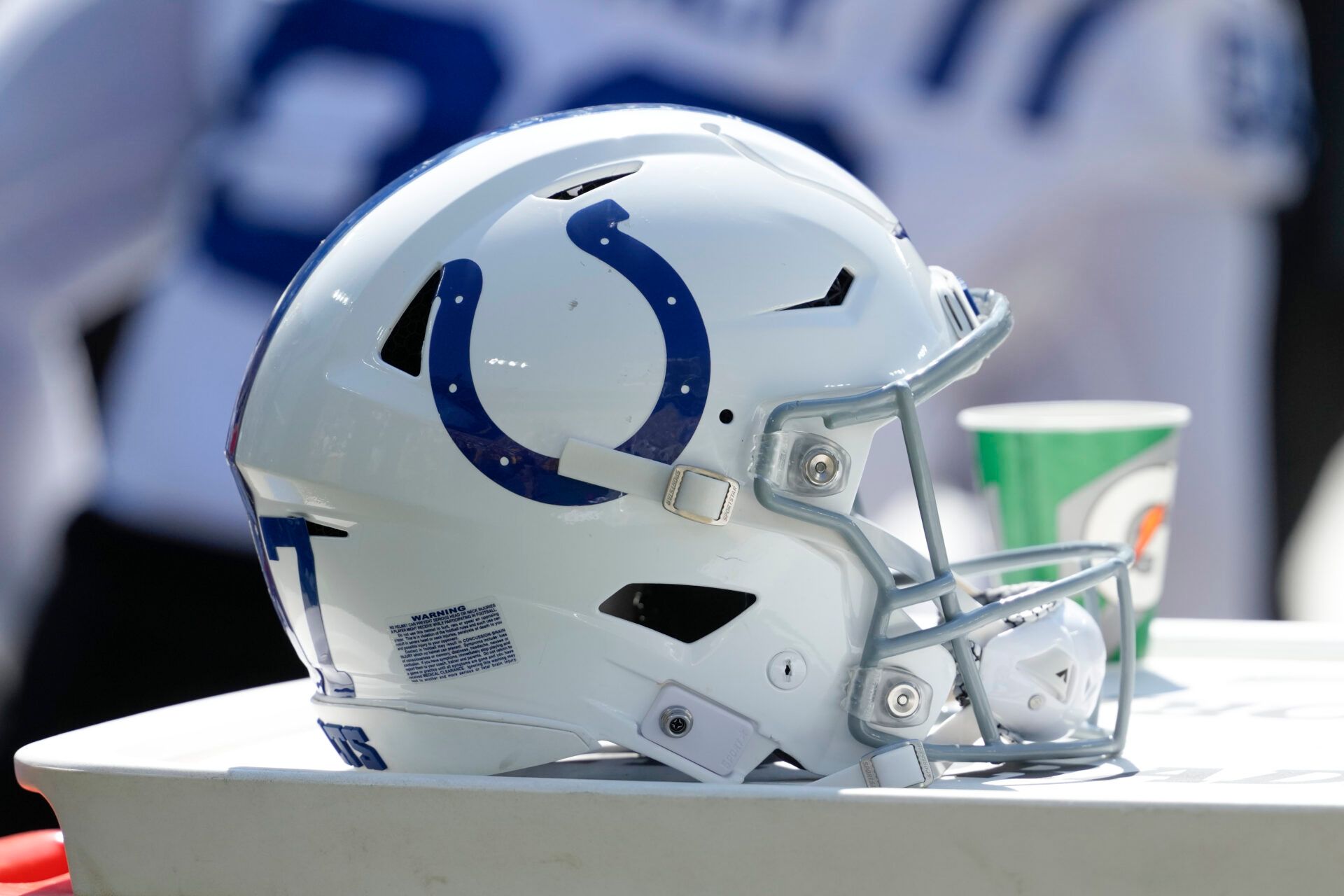 General view of an Indianapolis Colts helmet during the game against the Green Bay Packers at Lambeau Field.