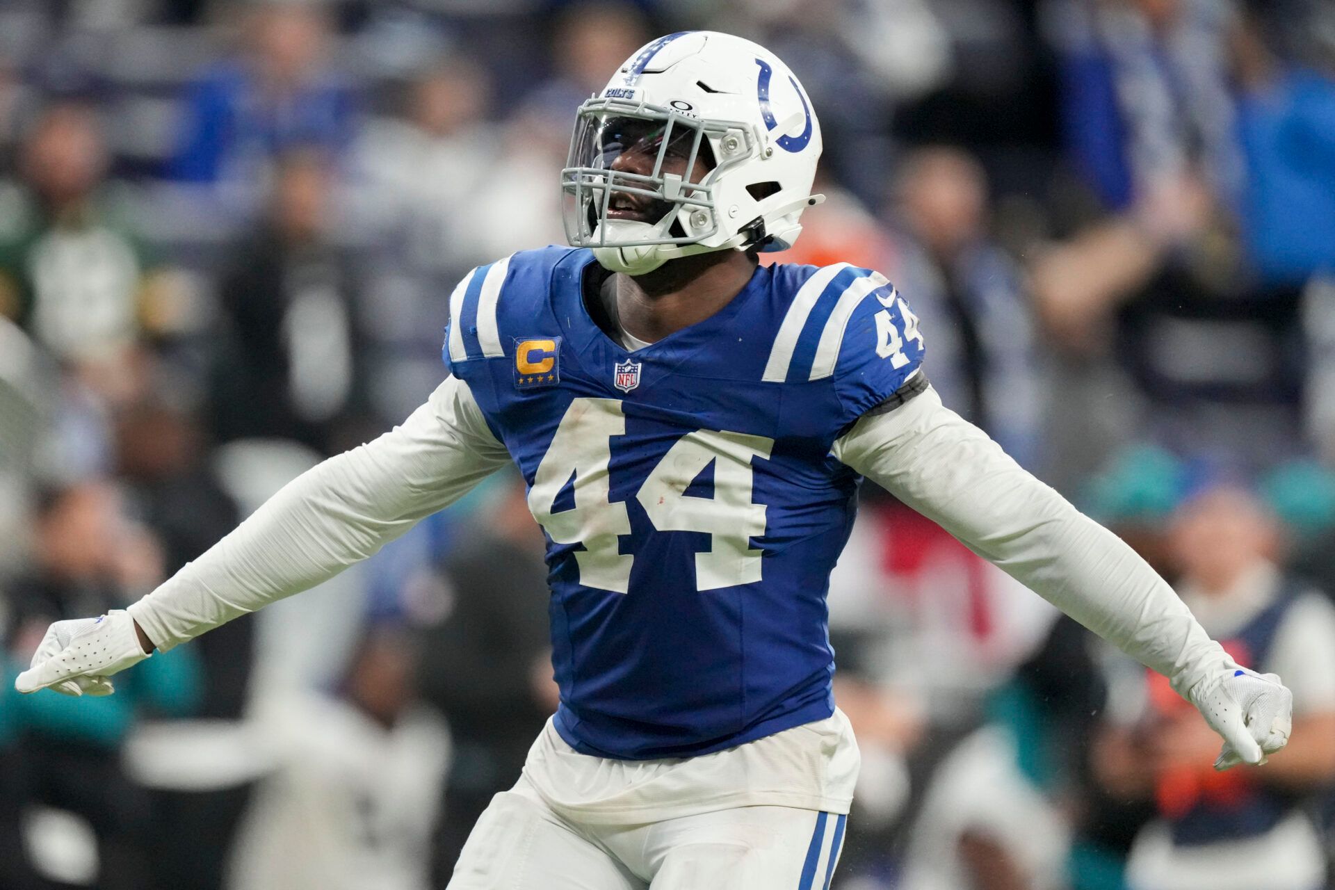 Indianapolis Colts linebacker Zaire Franklin (44) reacts after sacking Jacksonville Jaguars quarterback Mac Jones (10) in overtime during a game at Lucas Oil Stadium.