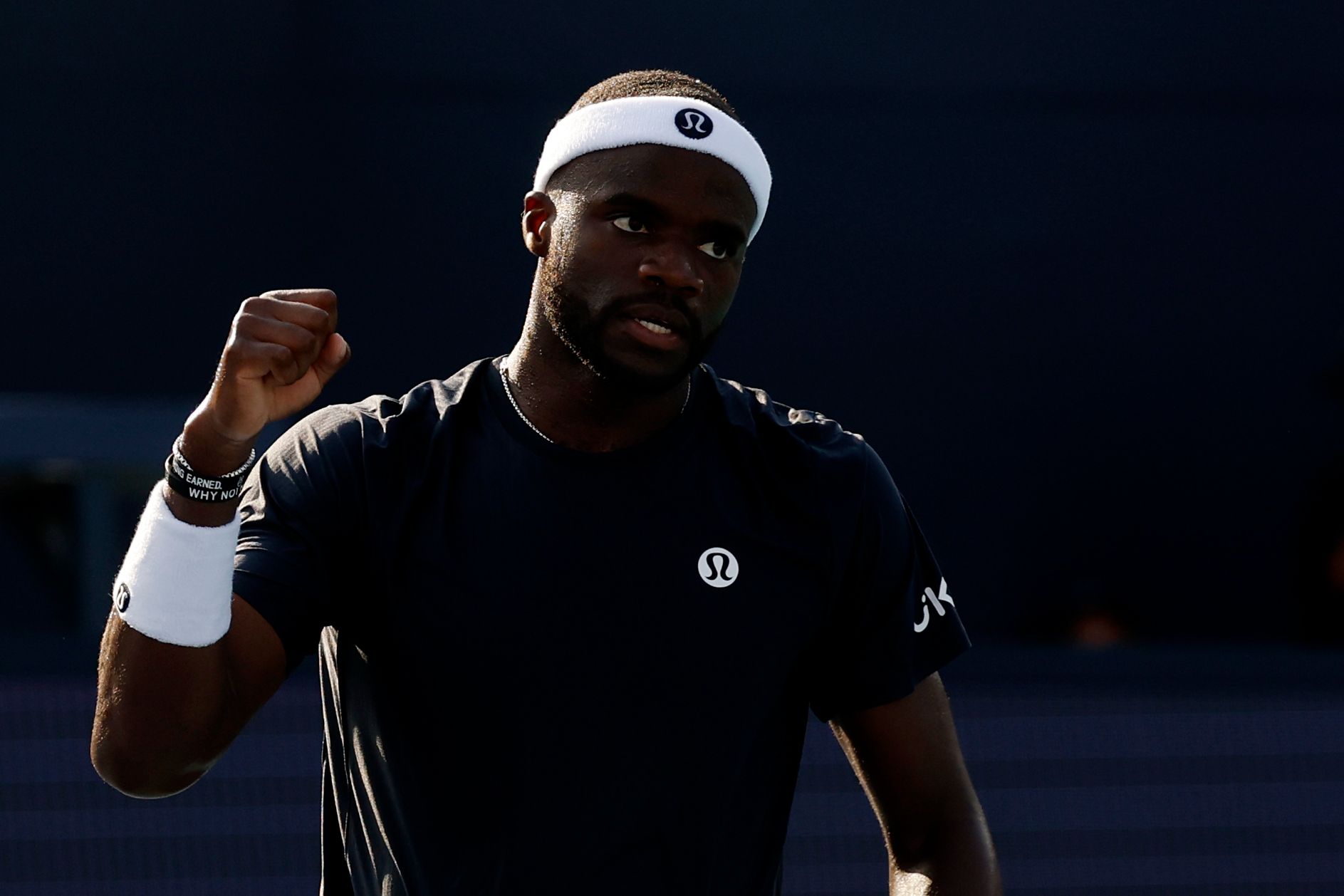Frances Tiafoe (USA) reacts after winning a point against Arthur Fils (FRA)(not pictured) on day seven of the Miami Open at Hard Rock Stadium.