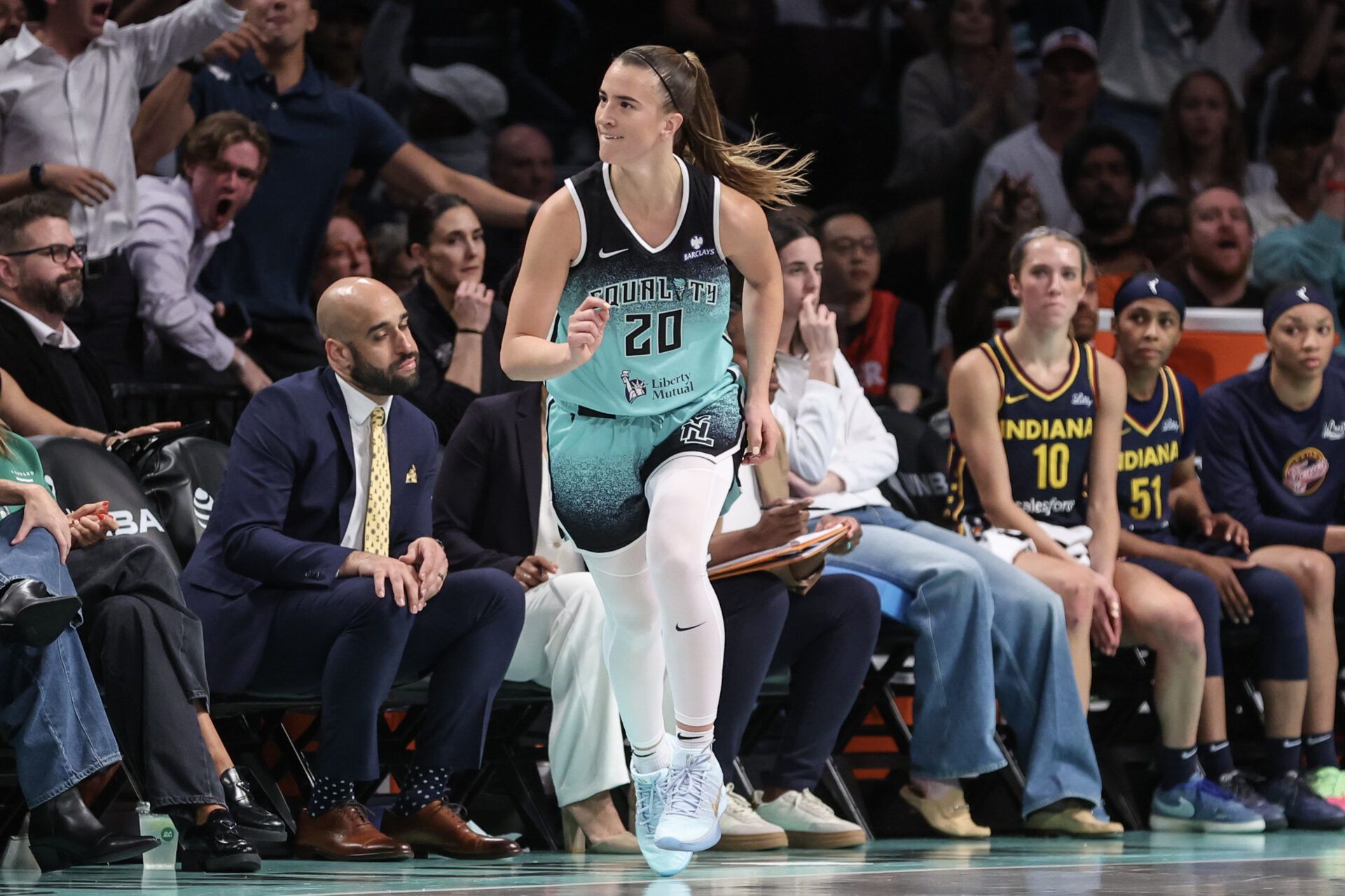 New York Liberty guard Sabrina Ionescu (20) looks towards the Indiana Fever bench after scoring in the fourth quarter at Barclays Center.