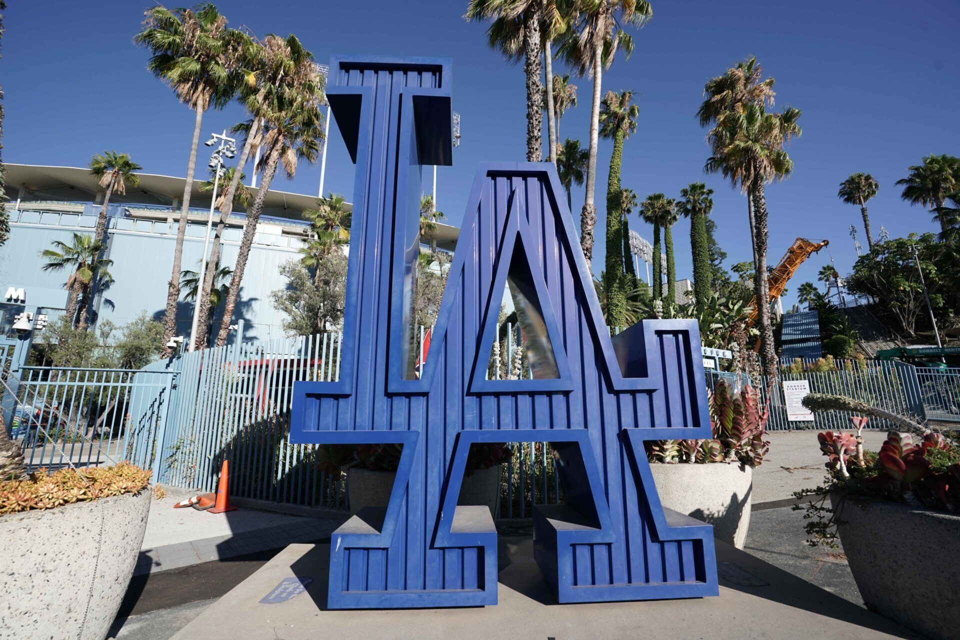 A general view of LA logo during a Los Angeles Dodgers intrasquad workout at Dodger Stadium.