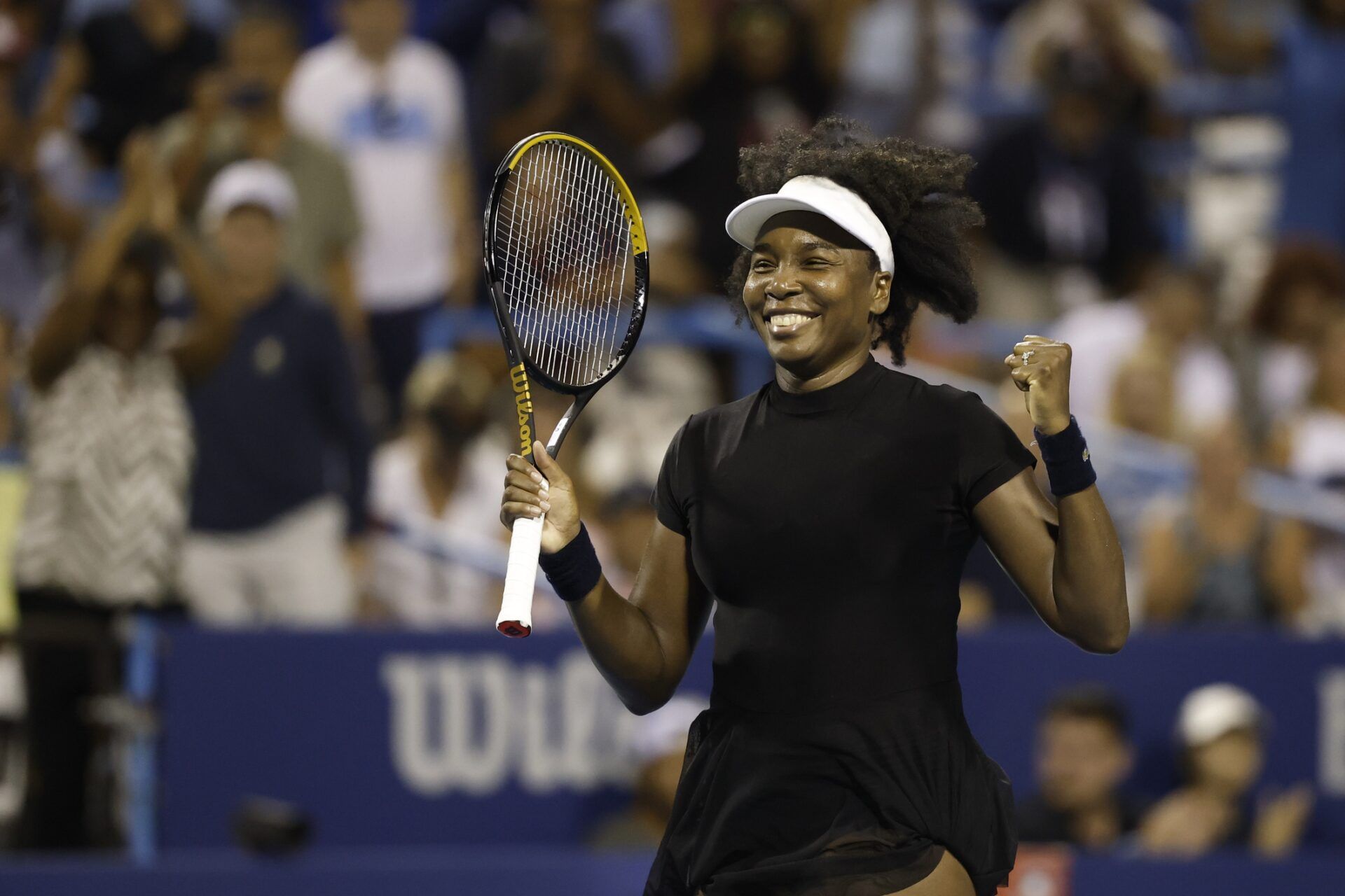 Venus Williams (USA) celebrates after match point against Peyton Stearns (USA)(not pictured) in a women's singles match on day two of the Mubadala Citi DC Open at Rock Creek Park Tennis Center.