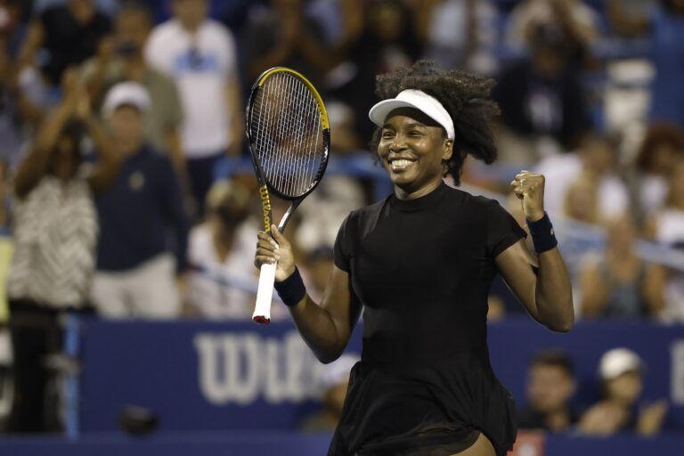 Venus Williams (USA) celebrates after match point against Peyton Stearns (USA)(not pictured) in a women's singles match on day two of the Mubadala Citi DC Open at Rock Creek Park Tennis Center.