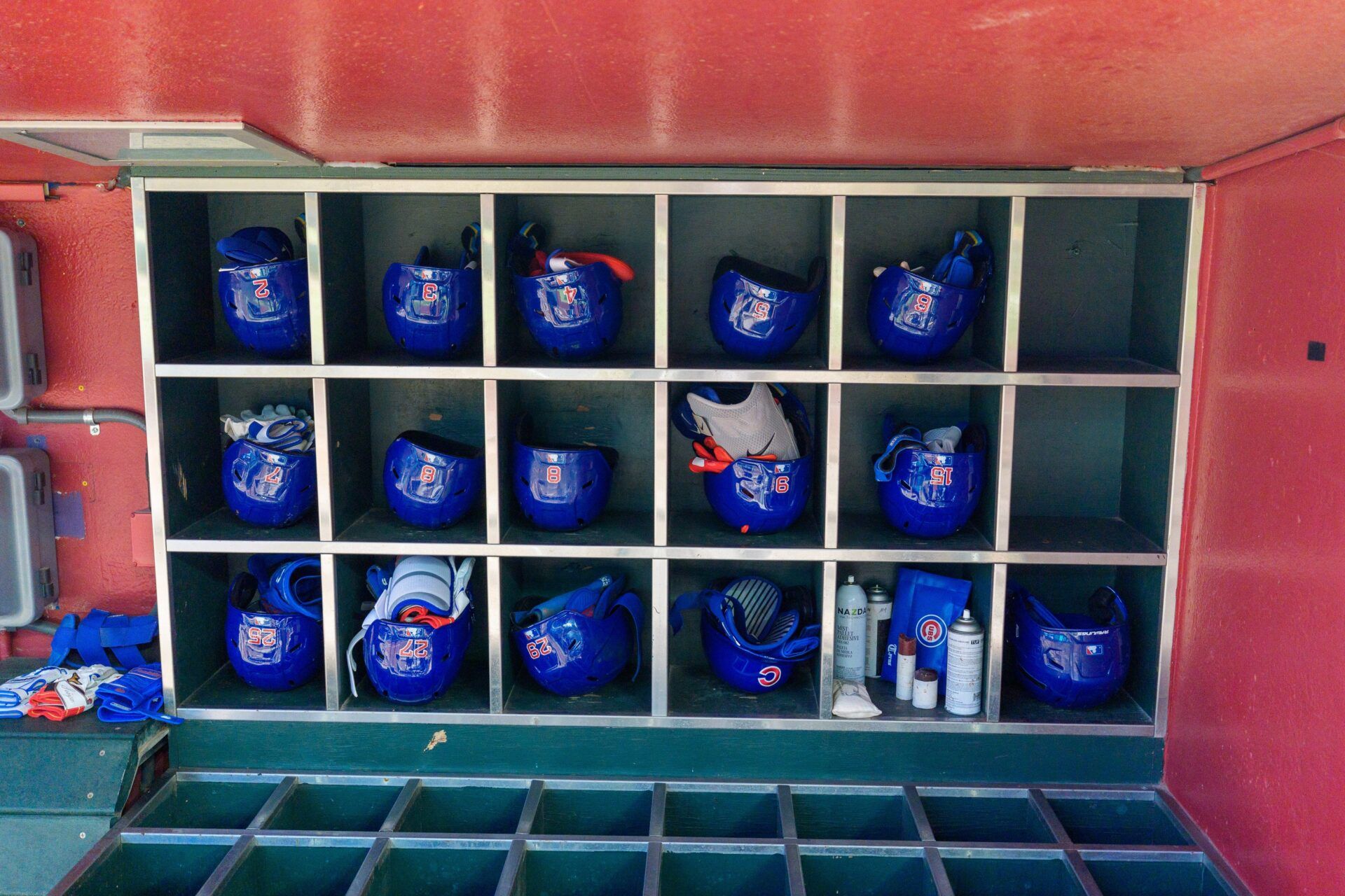 A general view of the batting helmets belonging to the Chicago Cubs in advance of a game against the Arizona Diamondbacks at Chase Field.