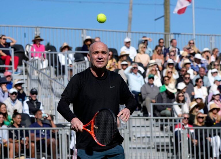 Andre Agassi plays in the Mixed-Doubles Exhibition Match at the Breakers Friday March 21, 2025 in Palm Beach. The event celebrates the debut of the new tennis and racquet facilities benefits First Serve USA.