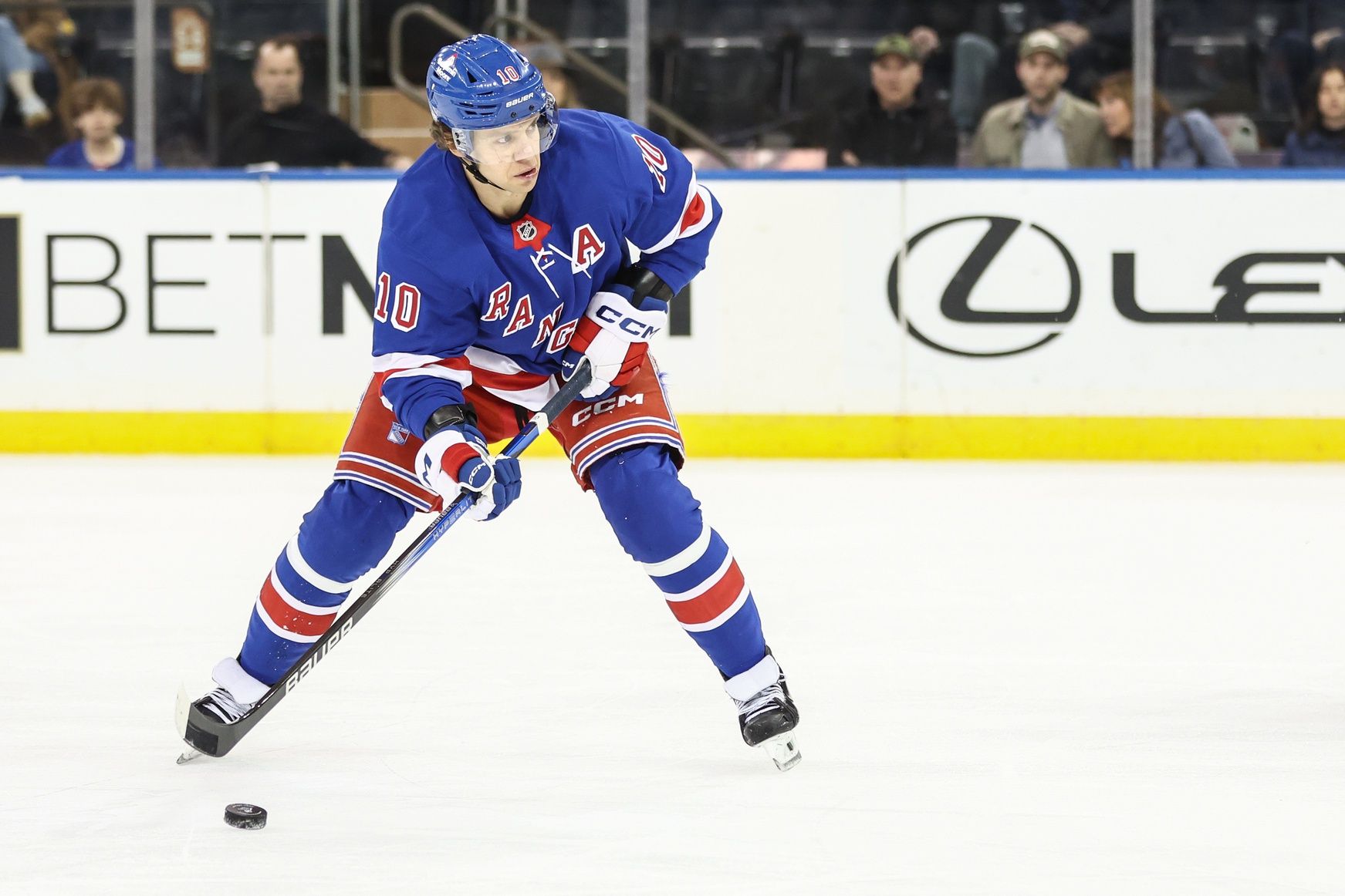 New York Rangers left wing Artemi Panarin (10) attempts a shot on goal in the third period against the Tampa Bay Lightning at Madison Square Garden.
