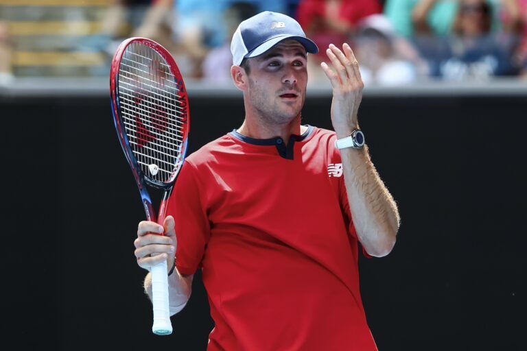 Tommy Paul of the United States reacts during his match against Miomir Kecmanovic (not pictured) of Serbia in Round 3 of the Men's Singles on Day 7 of the Australian Open tennis at Margaret Court Arena.