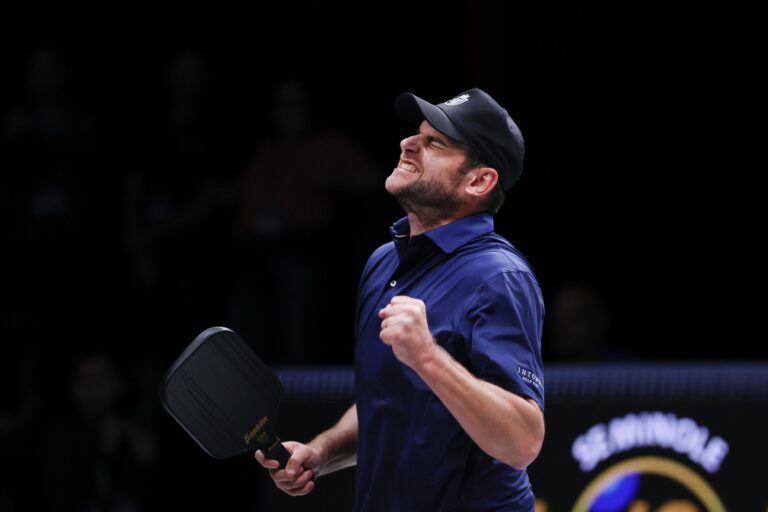 Andy Roddick reacts after a point against Michael Chang (not pictured) during a singles match at the Pickleball Slam at Hard Rock Live at Seminole Hard Rock Hotel & Casino.