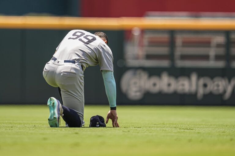 New York Yankees right fielder Aaron Judge (99) shown on the field prior to the game against the Atlanta Braves at Truist Park.