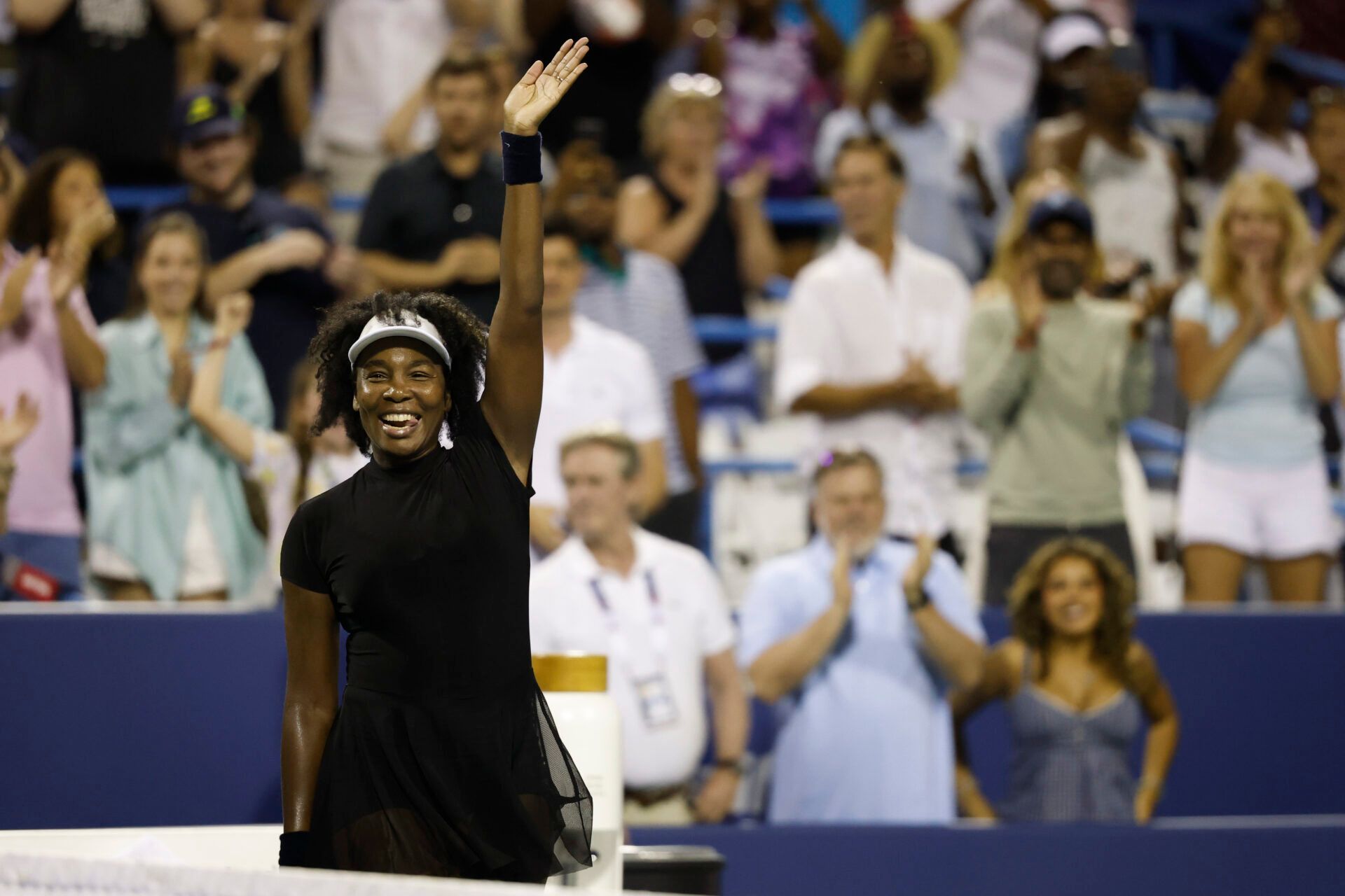 Venus Williams (USA) waves to the crowd after her match against Peyton Stearns (USA)(not pictured) in a women's singles match on day two of the Mubadala Citi DC Open at Rock Creek Park Tennis Center.