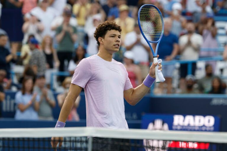 Ben Shelton (USA) salutes the crowd after his match against Mackenzie McDonald (USA)(not pictured) in a men's singles match on day two of the Mubadala Citi DC Open at Rock Creek Park Tennis Center.