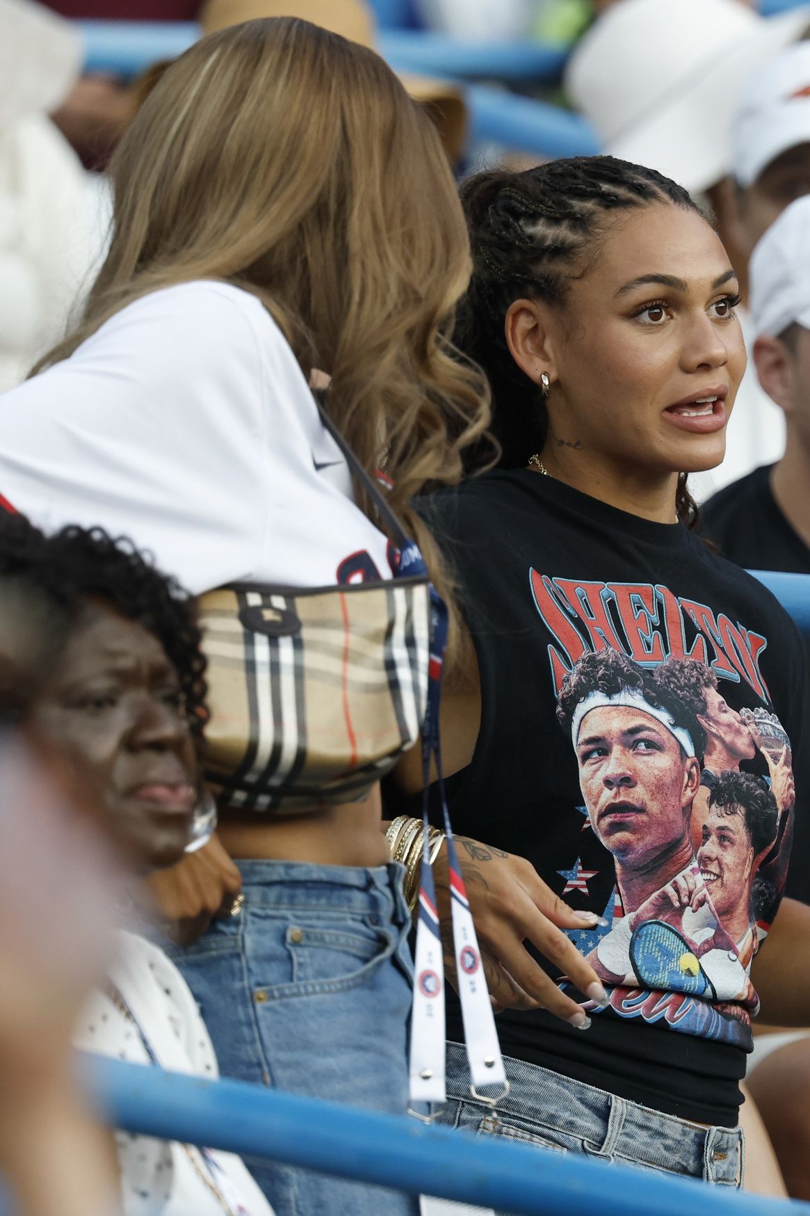 Ben Shelton's girlfriend Trinity Rodman wearing a shirt with his face on it at the 2025 Citi DC Open