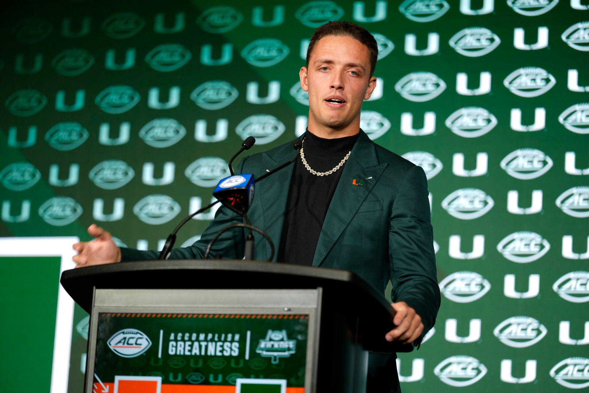 Miami quarterback Carson Beck answers questions from the media during ACC Media Days at Hilton Charlotte Uptown.