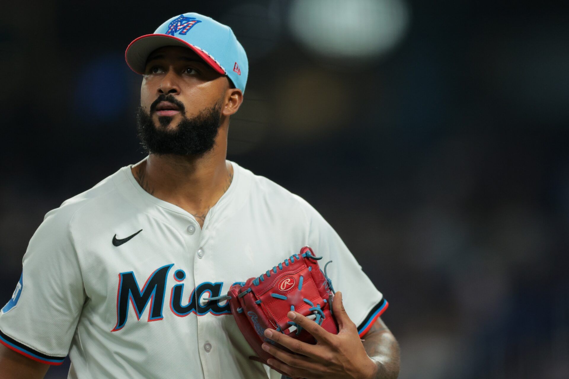 Miami Marlins starting pitcher Sandy Alcantara (22) looks on against the Milwaukee Brewers during the first inning at loanDepot Park.