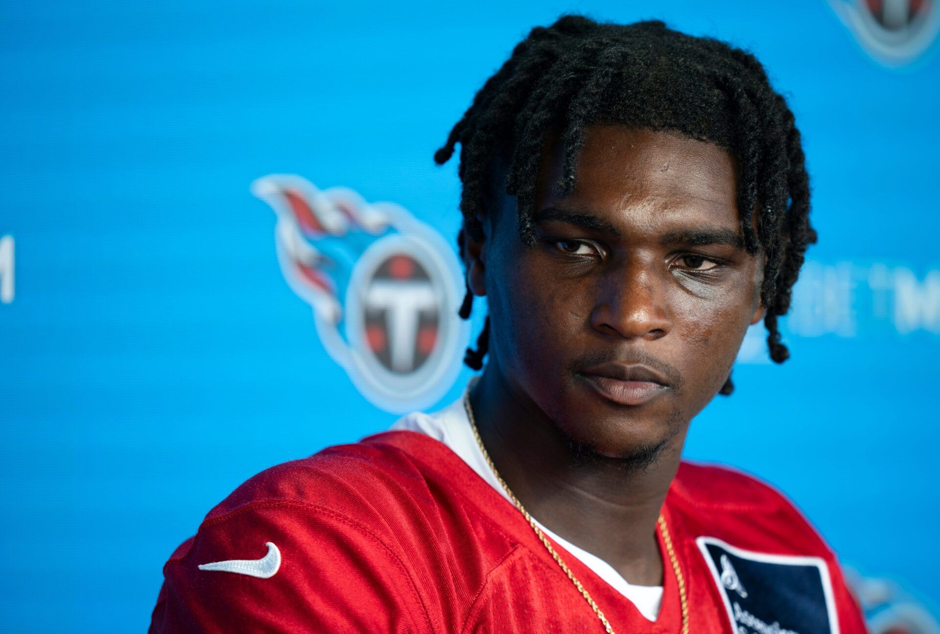 Tennessee Titans quarterback Cam Ward (1) fields questions from the media after the Tennessee Titans first day of training camp at Ascension Saint Thomas Sports Park in Nashville, Tenn., Wednesday, July 23, 2025.