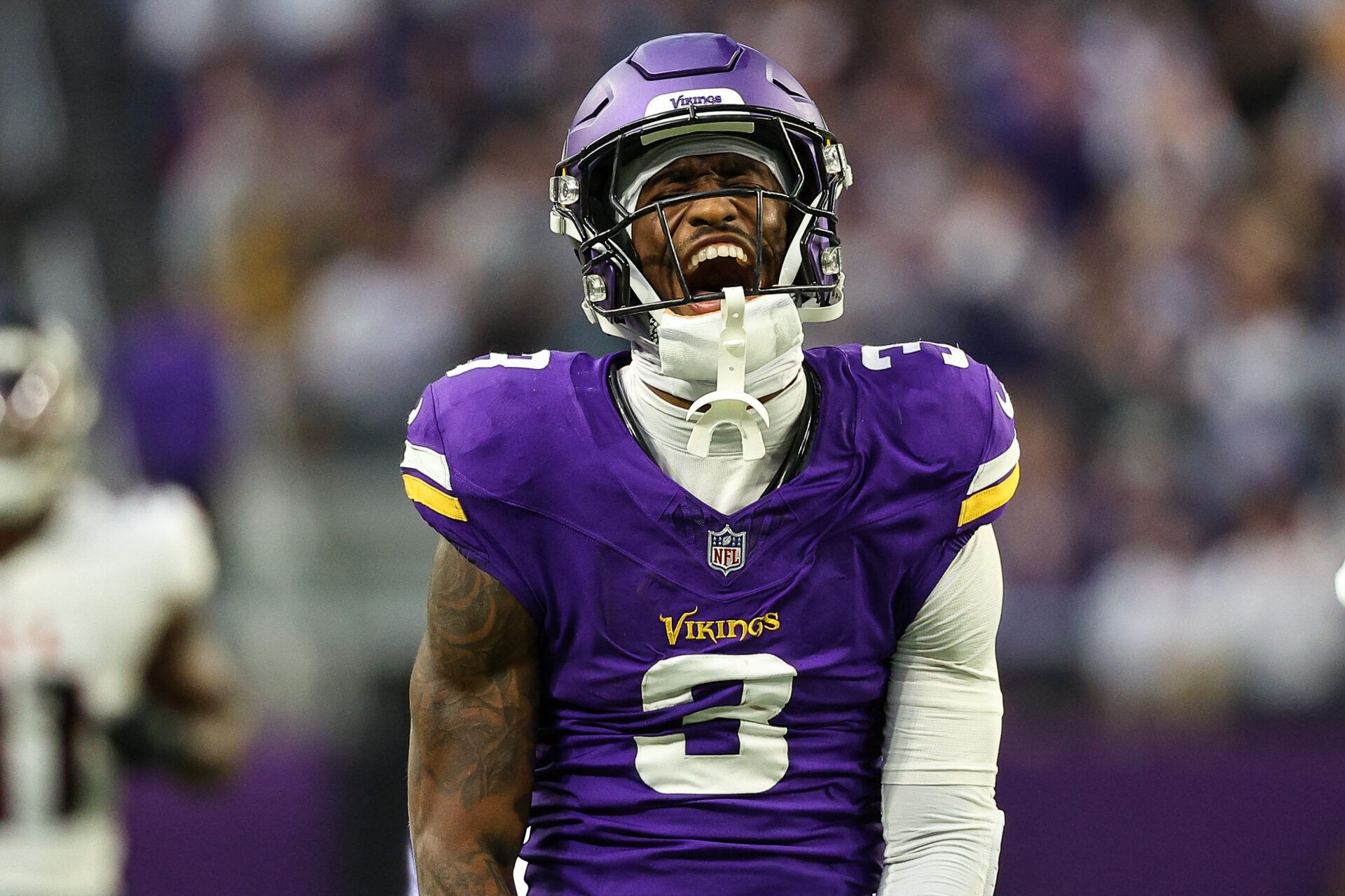 Minnesota Vikings wide receiver Jordan Addison (3) celebrates his catch against the Atlanta Falcons during the fourth quarter at U.S. Bank Stadium.