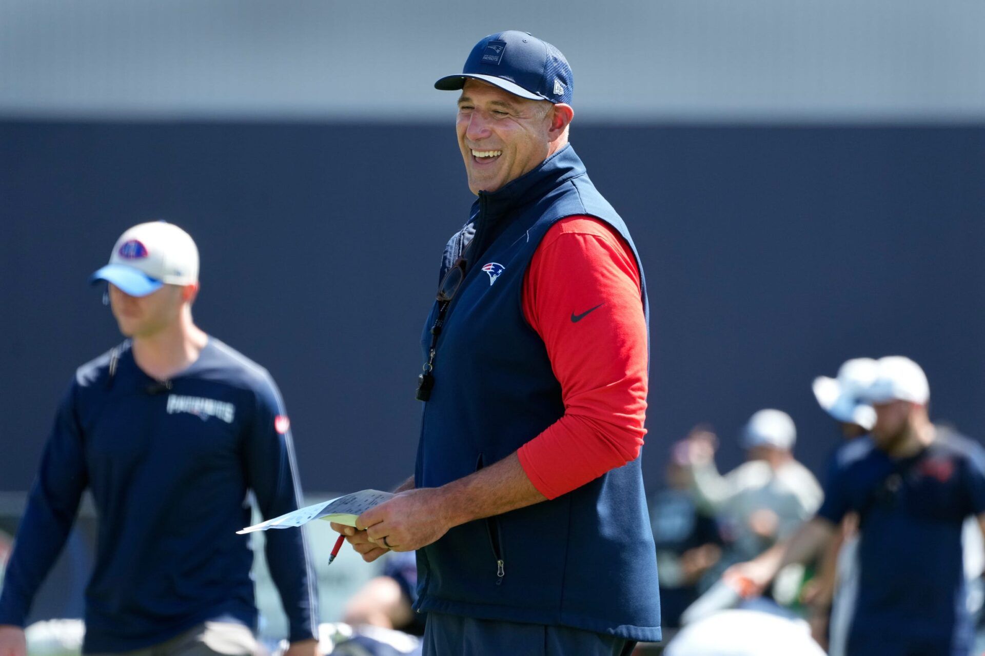 Patriots head coach Mike Vrabel. Opening day of the New England Patriots training camp on July 23, 2025 at Gillette Stadium in Foxborough, MA.