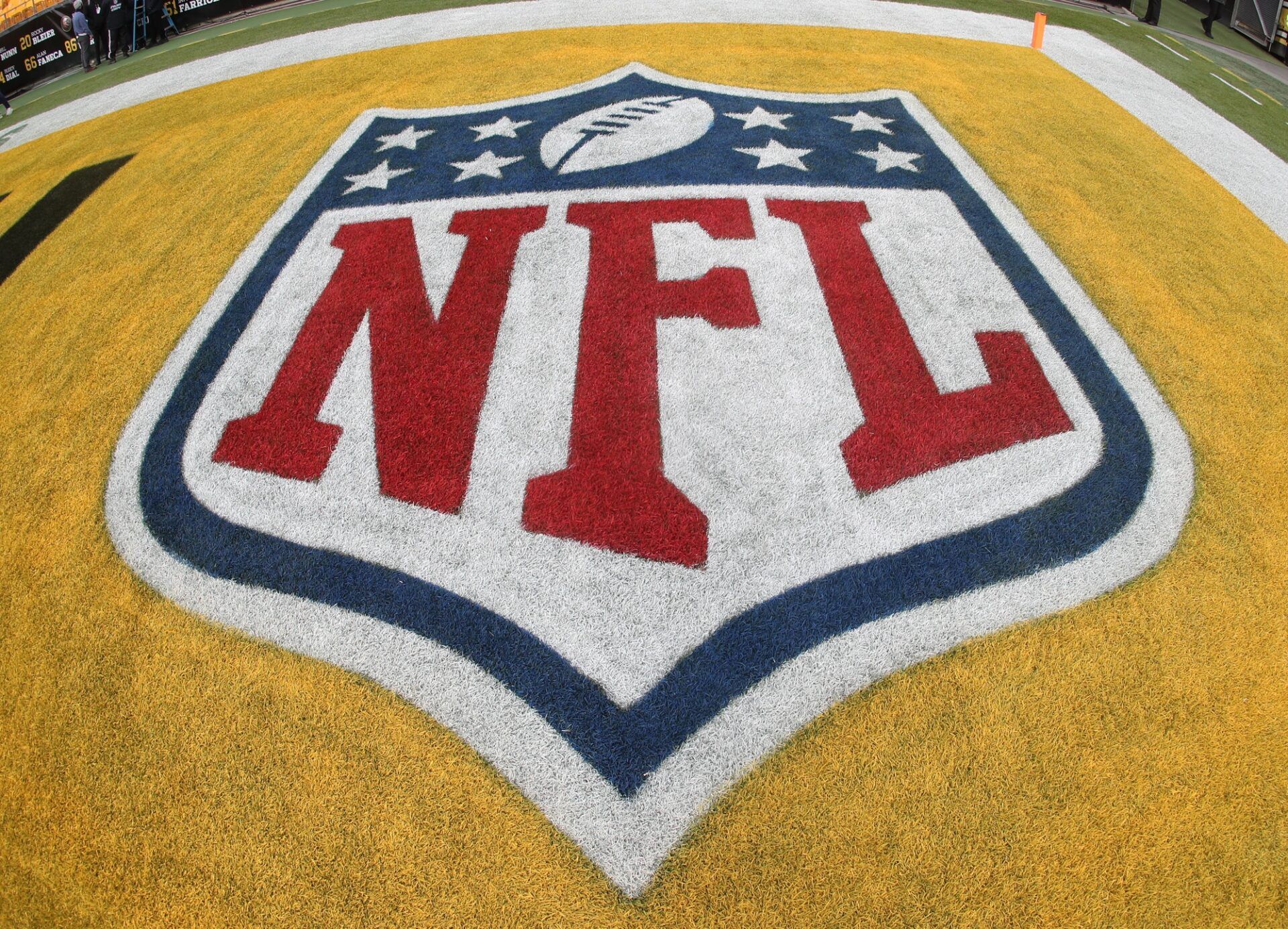 The NFL shield logo on the field before the Pittsburgh Steelers host the Kansas City Chiefs at Acrisure Stadium.