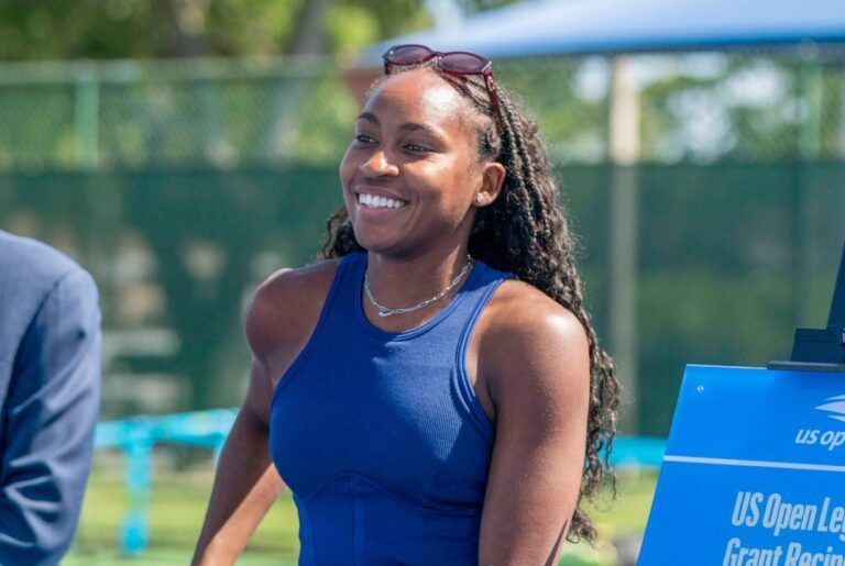 President of the United States Tennis Association
Brian Hainline, left, watches Coco Gauff smile during aceremony celebrating two refurbished public tennis courts at Pompey Park as part of USTA's US Open Legacy Initiative, which was created in celebration of Gauff's 2023 U.S. Open women's singles on March 19, 2024 in Delray Beach, Florida.