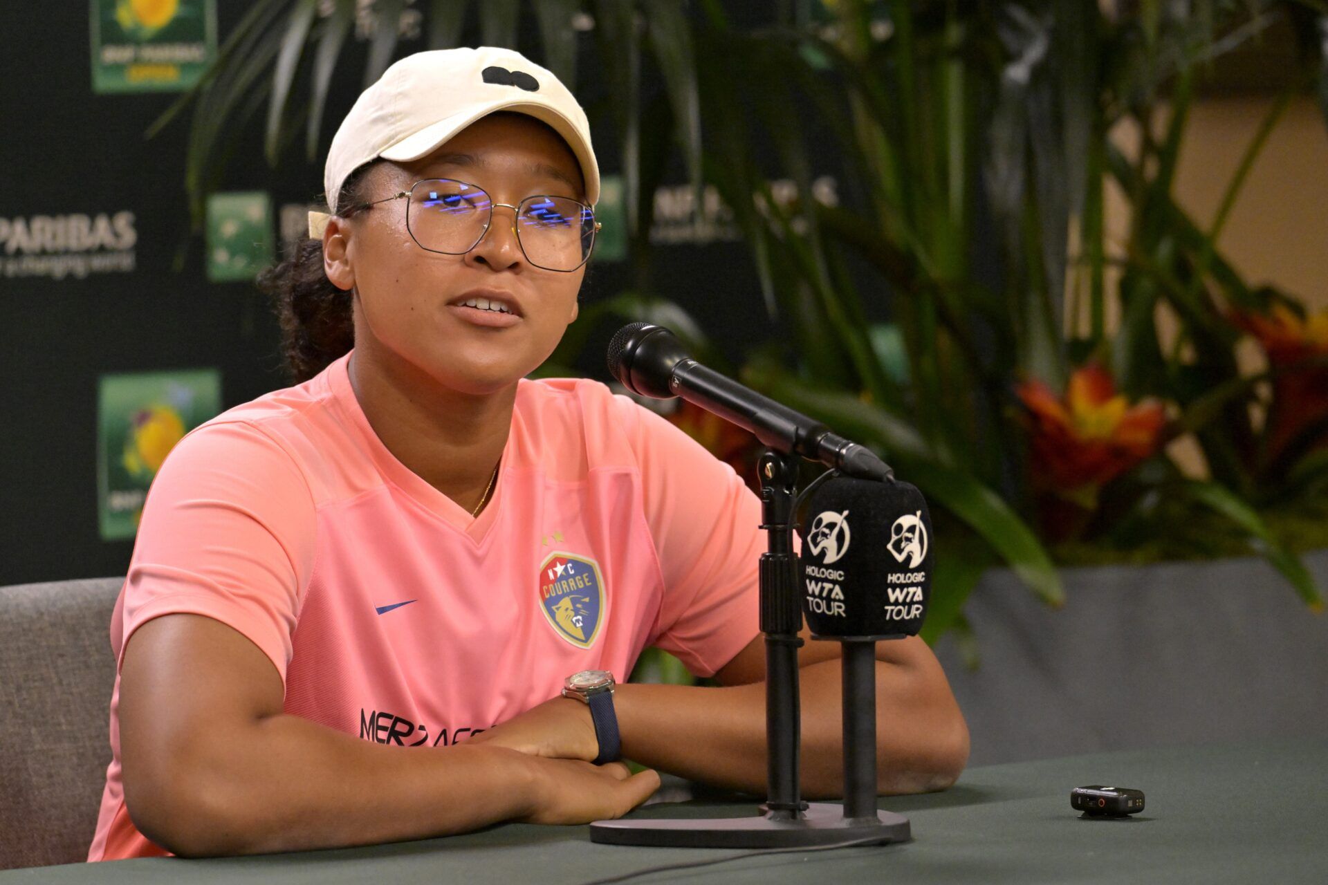 Naomi Osaka (JPN) answers questions from the media during a press conference during the BNP Paribas Open at the Indian Wells Tennis Garden.