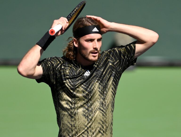 Stefanos Tsitsipas (GRE) reacts after missing a shot during his quarter final match against Nikoloz Basilashvili (GEO) during the BNP Paribas Open at the Indian Wells Tennis Garden.