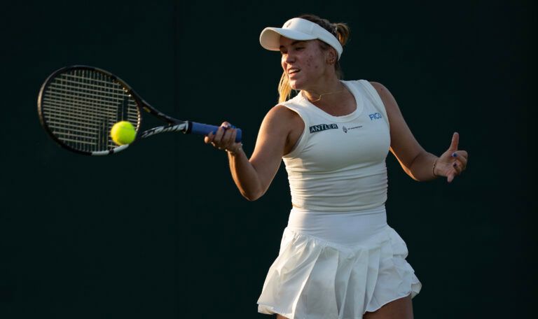 Sofia Kenin of the United States returns a shot during her match against Taylor Townsend of the United States on day two at the All England Lawn Tennis and Croquet Club.