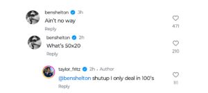 Screengrab of Ben Shelton and Taylor Fritz's comment on Instagram/@taylor_fritz