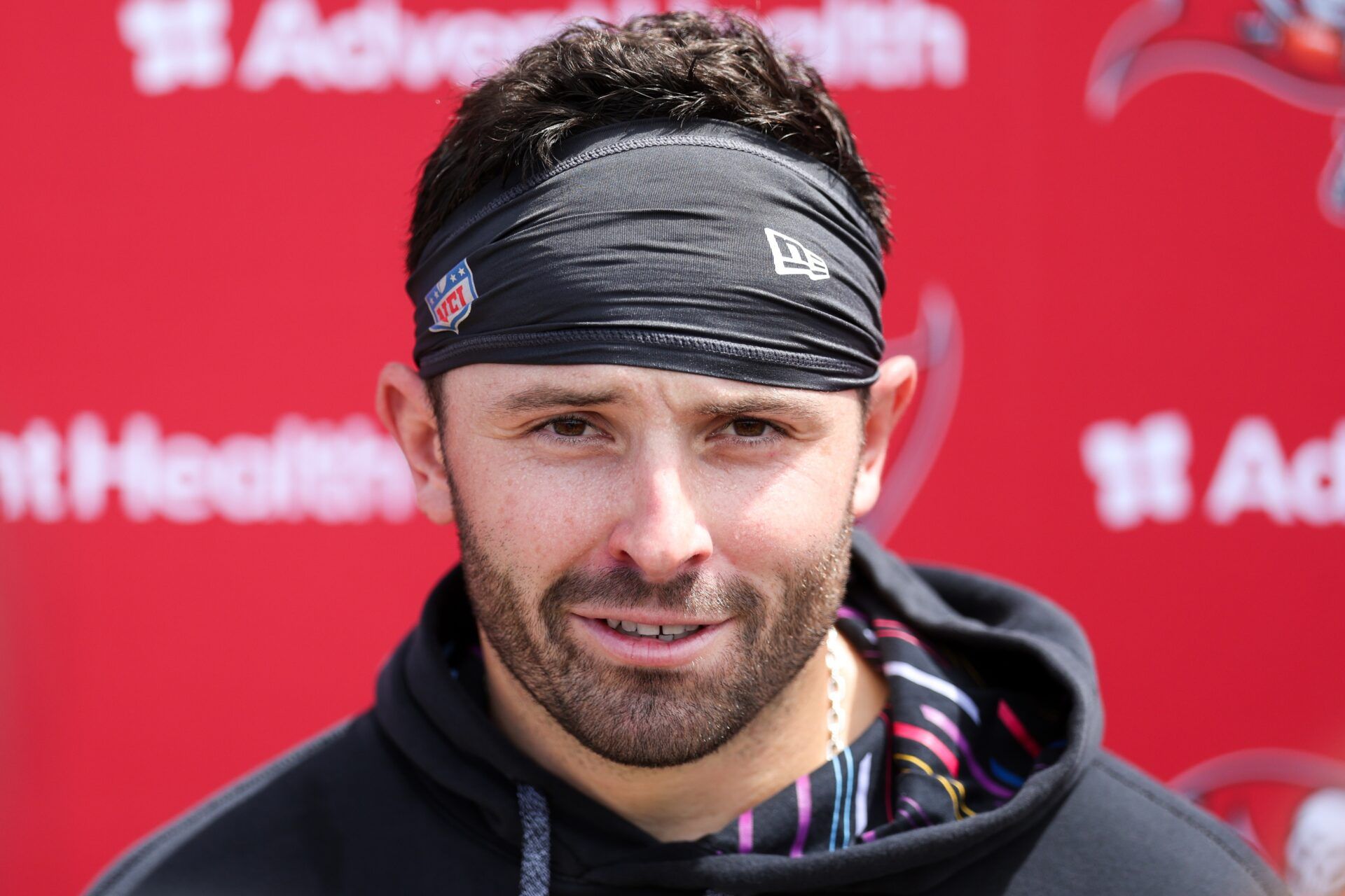 Tampa Bay Buccaneers quarterback Baker Mayfield (6) gives a press conference after mini camp at AdventHealth Training Center.