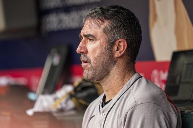 San Francisco Giants starting pitcher Justin Verlander (35) shown in the dugout during the game against the Atlanta Braves during the fifth inning at Truist Park.