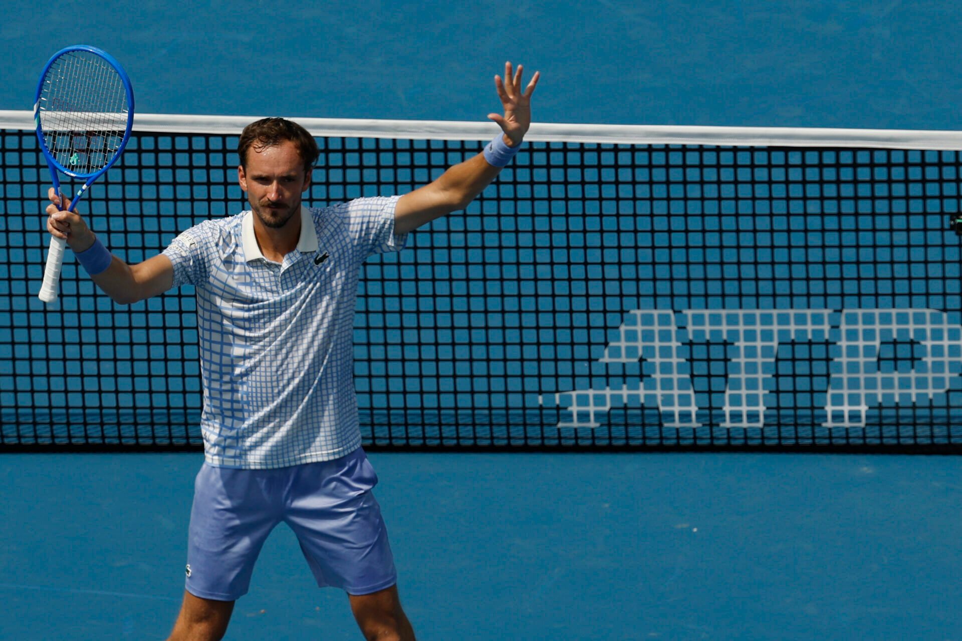 Daniil Medvedev waves to the crowd after his match against Reilly Opelka (USA)(not pictured) in a men's singles match on day three of the Mubadala Citi DC Open at Rock Creek Park Tennis Center.