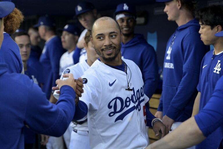 Los Angeles Dodgers shortstop Mookie Betts (50) in the dugout prior to the first inning of the game against the Minnesota Twins at Dodger Stadium.