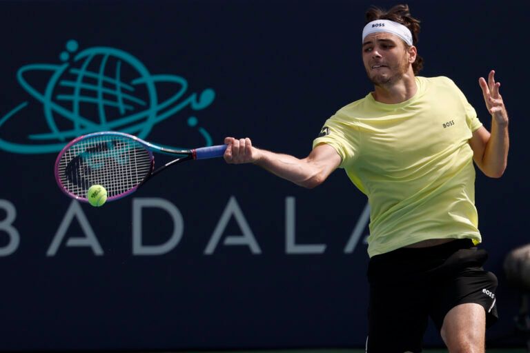 Taylor Fritz (USA) hits a forehand against Aleksandar Vukic (AUS)(not pictured) in a men's singles match on day three of the Mubadala Citi DC Open at Rock Creek Park Tennis Center.