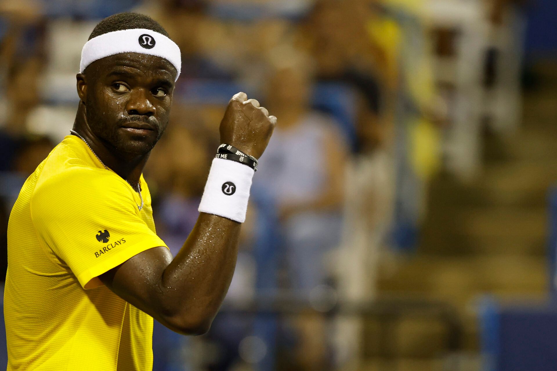 Frances Tiafoe (USA) reacts after winning a point against Aleksandar Kovacevic (USA)(not pictured) in a men's singles match on day three of the Mubadala Citi DC Open at Rock Creek Park Tennis Center.