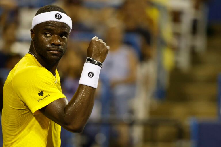 Frances Tiafoe (USA) reacts after winning a point against Aleksandar Kovacevic (USA)(not pictured) in a men's singles match on day three of the Mubadala Citi DC Open at Rock Creek Park Tennis Center.
