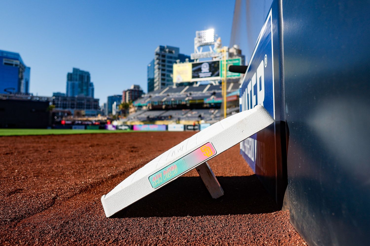 San Diego Padres city connect logo on first base prior to game against the Colorado Rockies at Petco Park.