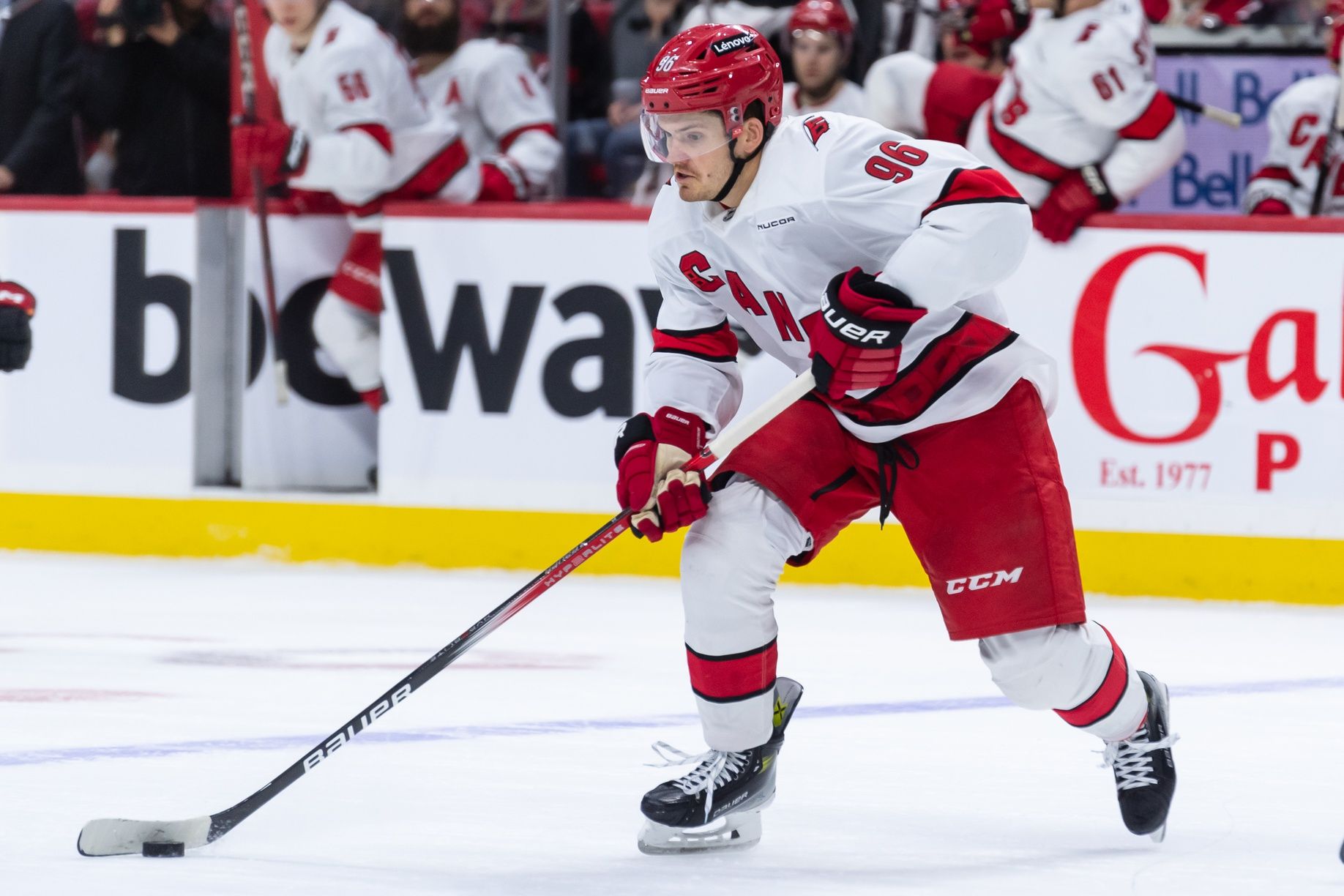Carolina Hurricanes center Jack Roslovic (96) skates with the puck in the second period against the Ottawa Senators at the Canadian Tire Centre.