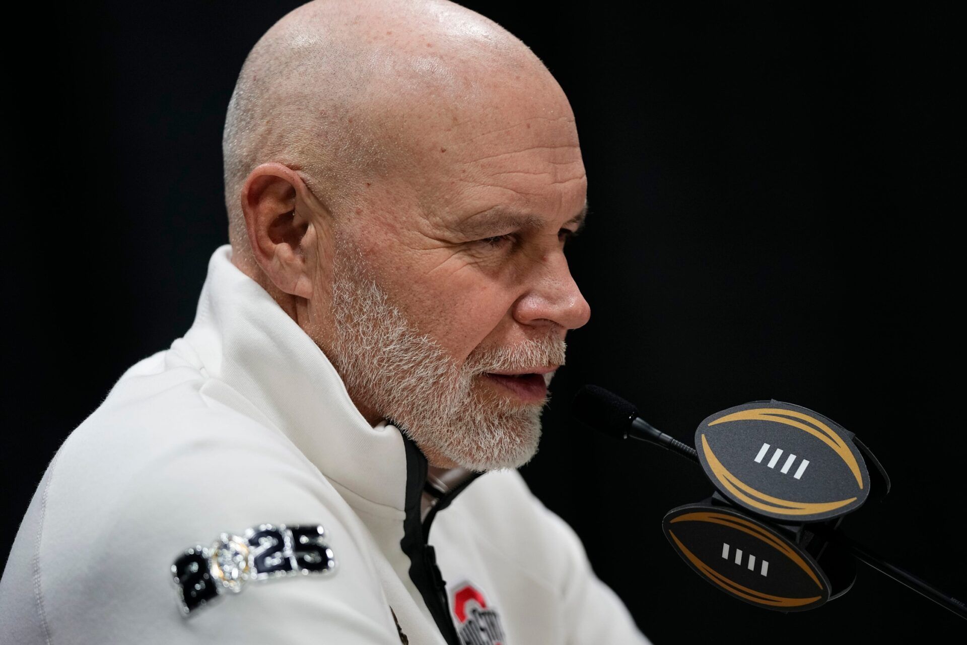 Ohio State Buckeyes defensive coordinator Jim Knowles speaks during Media Day for the College Football Playoff national championship against the Notre Dame Fighting Irish at the Georgia World Congress Center in Atlanta on Jan. 18, 2025. IMAGN