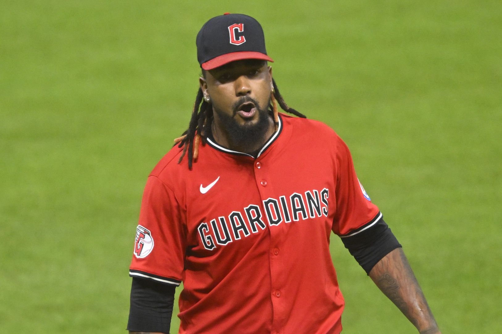 Cleveland Guardians relief pitcher Emmanuel Clase (48) reacts after a win over the Baltimore Orioles at Progressive Field.