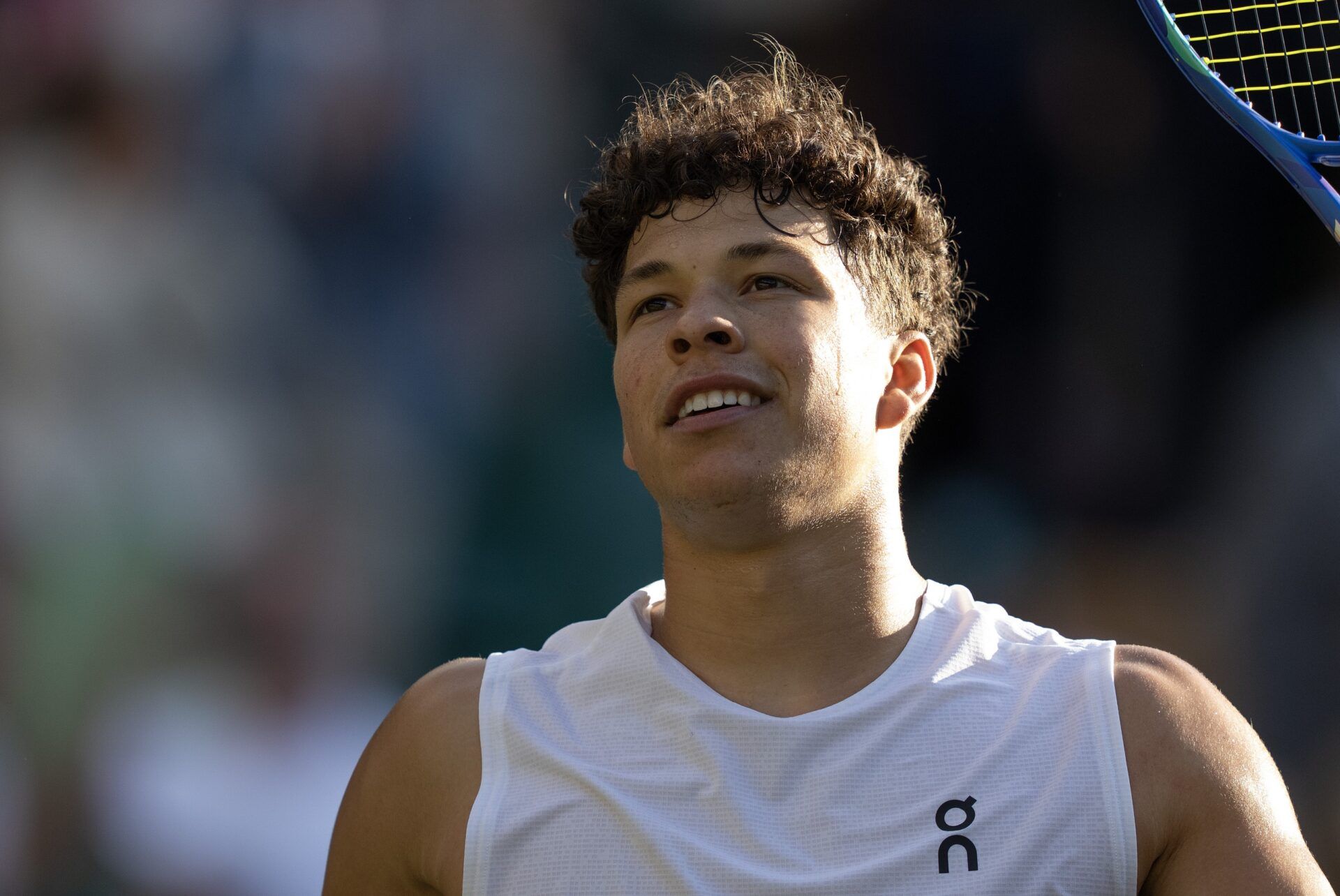 Ben Shelton of the United States celebrates winning his match against Lorenzo Sonego of Italy on day eight at All England Lawn Tennis and Croquet Club.