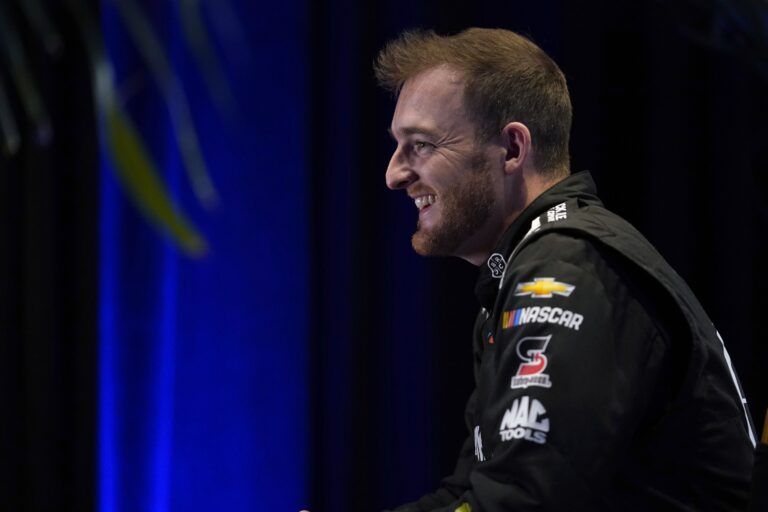 Feb 16, 2022; Daytona, FL, USA; NASCAR Cup Series driver Ty Dillon (42) talks to the press during Daytona 500 media day at Daytona International Speedway.