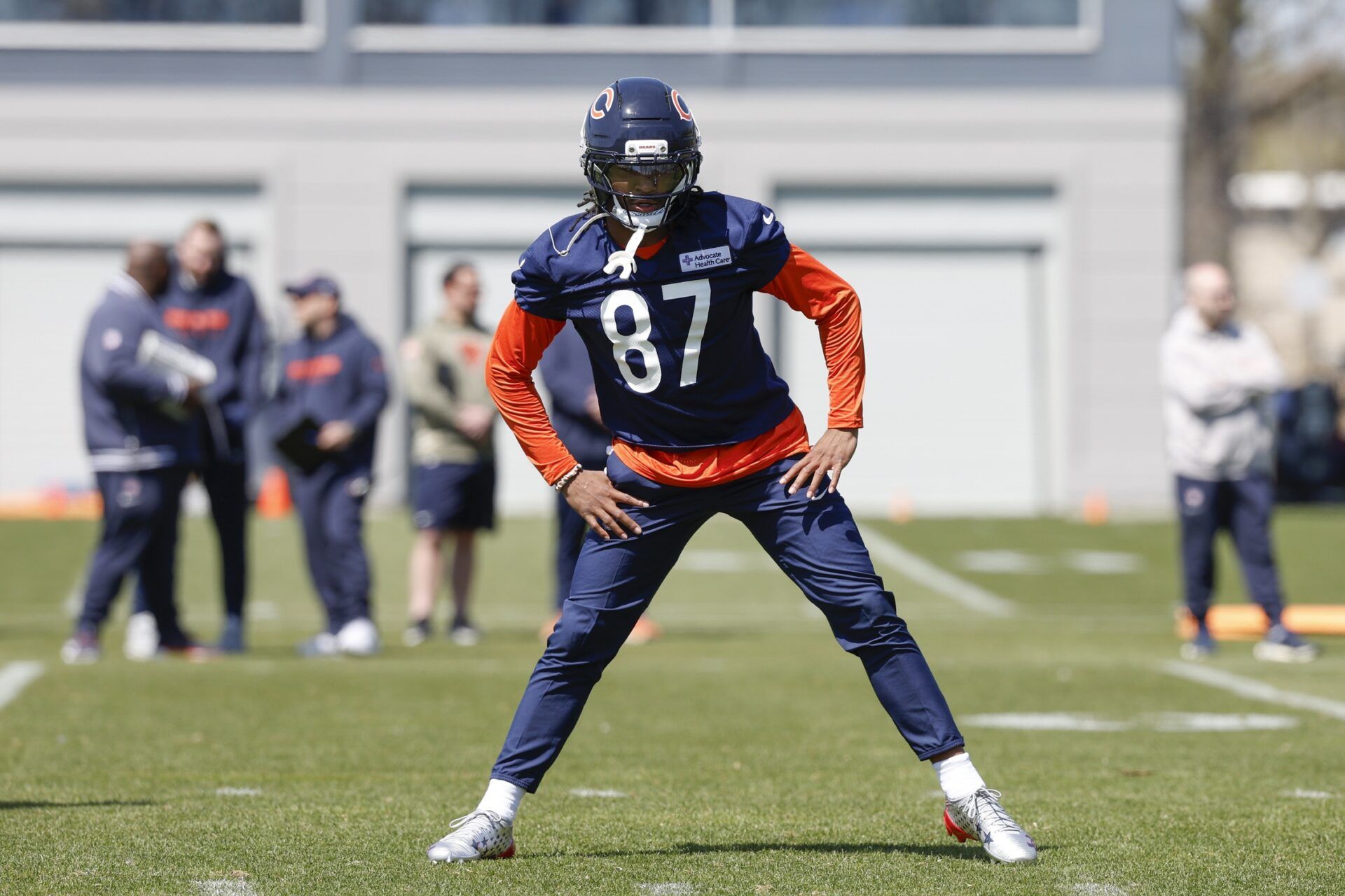 Chicago Bears wide receiver Luther Burden III warms up during the Rookie Minicamp at Halas Hall.
