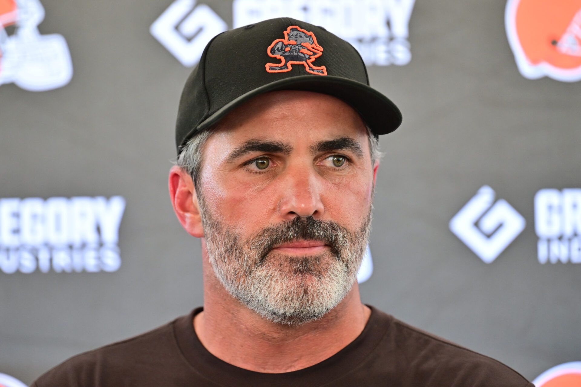 Cleveland Browns head coach Kevin Stefanski talks to the media during training camp at CrossCountry Mortgage Campus.
