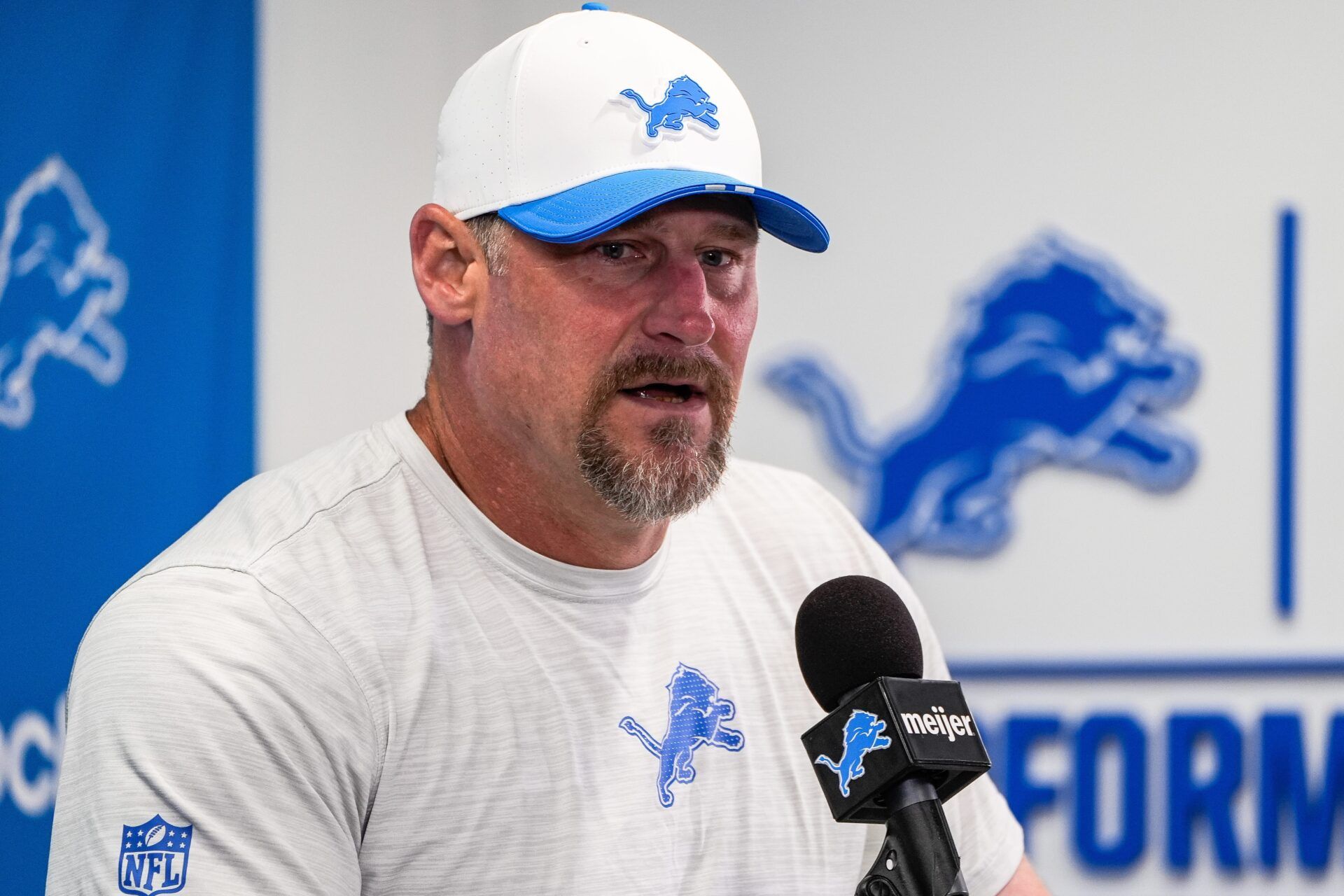 Detroit Lions head coach Dan Campbell speaks at a press conference during training camp at Meijer Performance Center in Allen Park on Sunday, July 20, 2025.