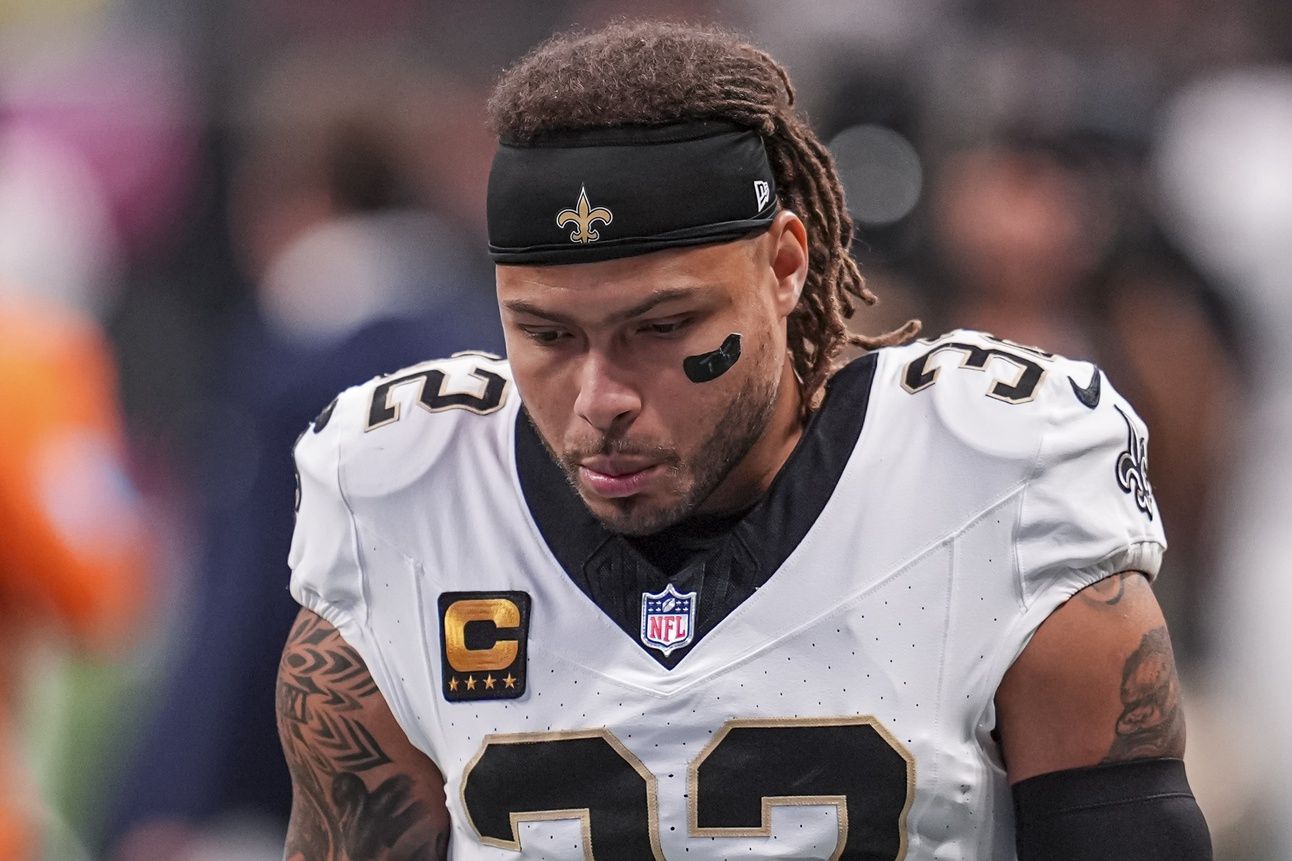 New Orleans Saints safety Tyrann Mathieu (32) reacts after Atlanta Falcons place kicker Younghoe Koo (6) (not pictured) kicked a game winning field goal during the fourth quarter at Mercedes-Benz Stadium.