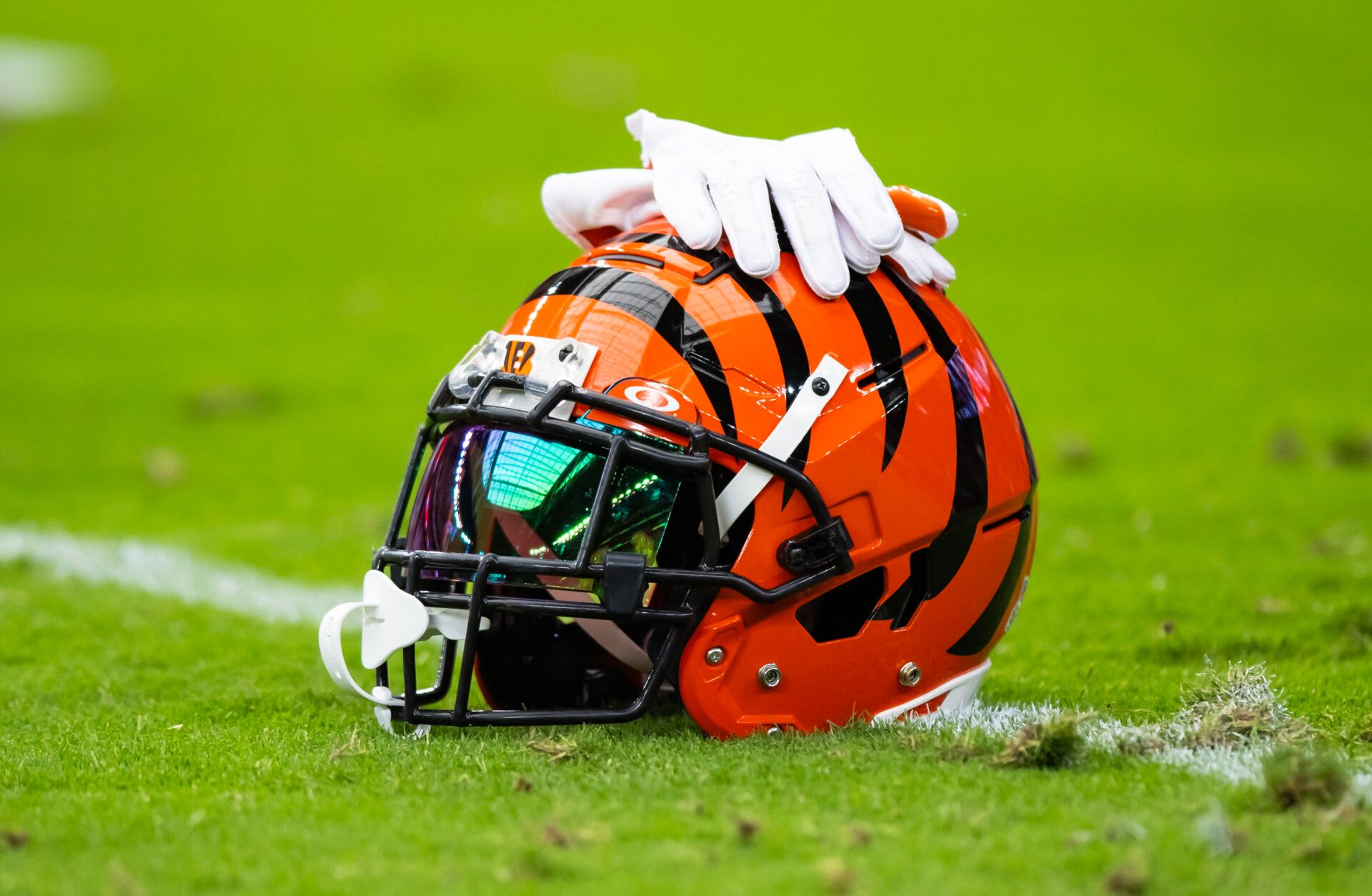 Detailed view of a Cincinnati Bengals helmet at State Farm Stadium.