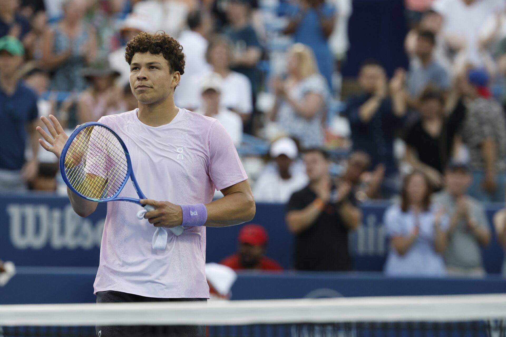 Ben Shelton (USA) salutes the crowd after his match against Mackenzie McDonald (USA)(not pictured) in a men's singles match on day two of the Mubadala Citi DC Open at Rock Creek Park Tennis Center.