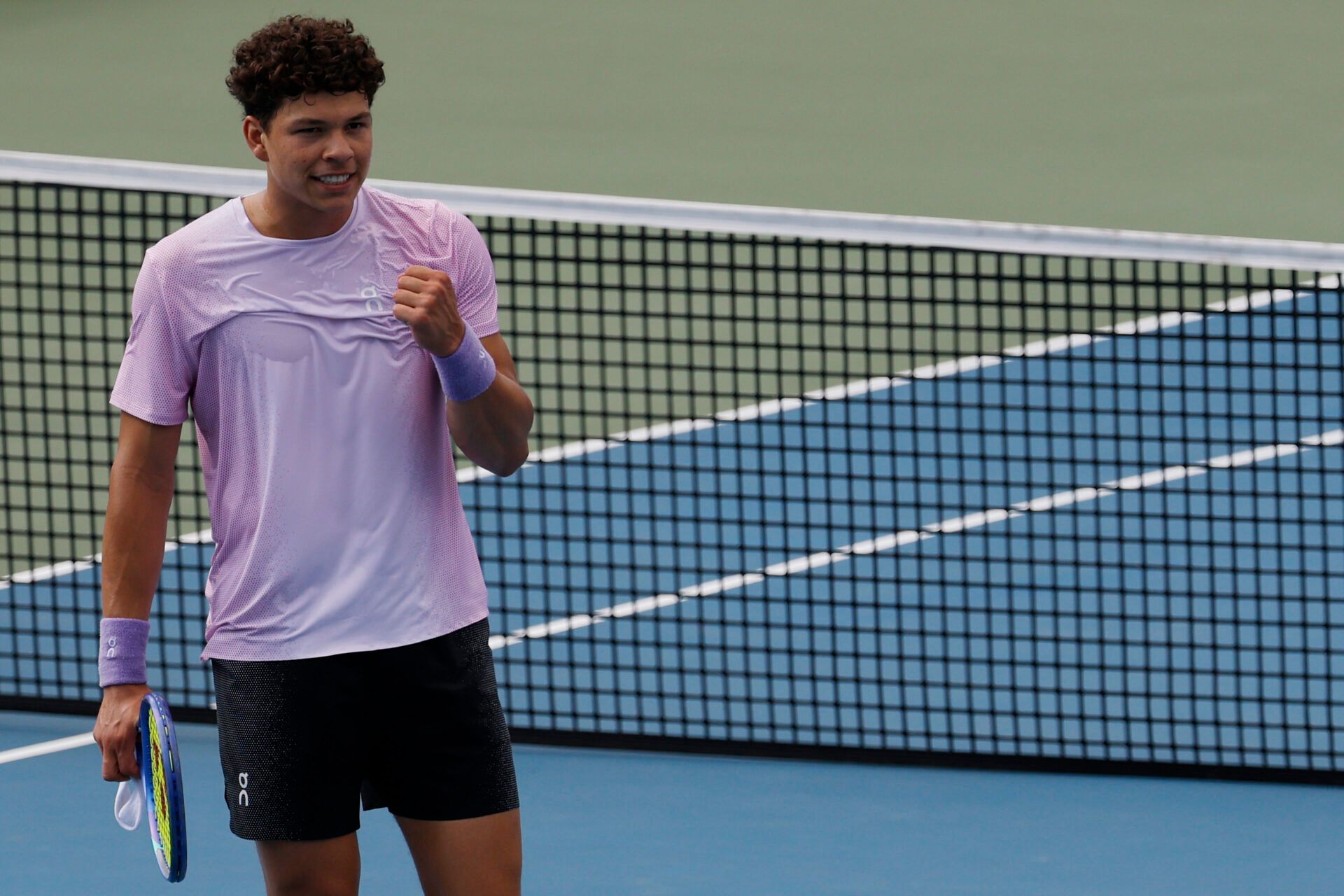 Ben Shelton (USA) celebrates after his match against Gabriel Diallo (CAN)(not pictured) in a men's singles match on day four of the Mubadala Citi DC Open at Rock Creek Park Tennis Center.