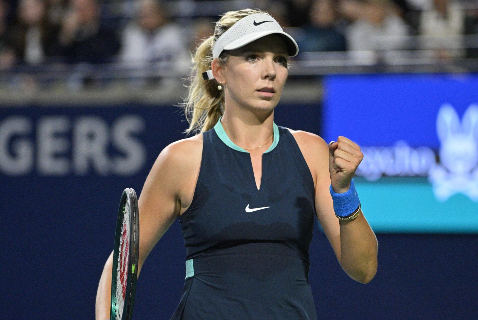 Katie Boulter (GBR) reacts after winning a game against Aryna Sabalenka (not shown) in third round play at Sobeys Stadium.