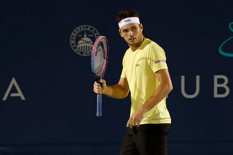 Taylor Fritz (USA) reacts after winning a point against Matteo Arnaldi (ITA)(not pictured) in a men's singles match on day four of the Mubadala Citi DC Open at Rock Creek Park Tennis Center.