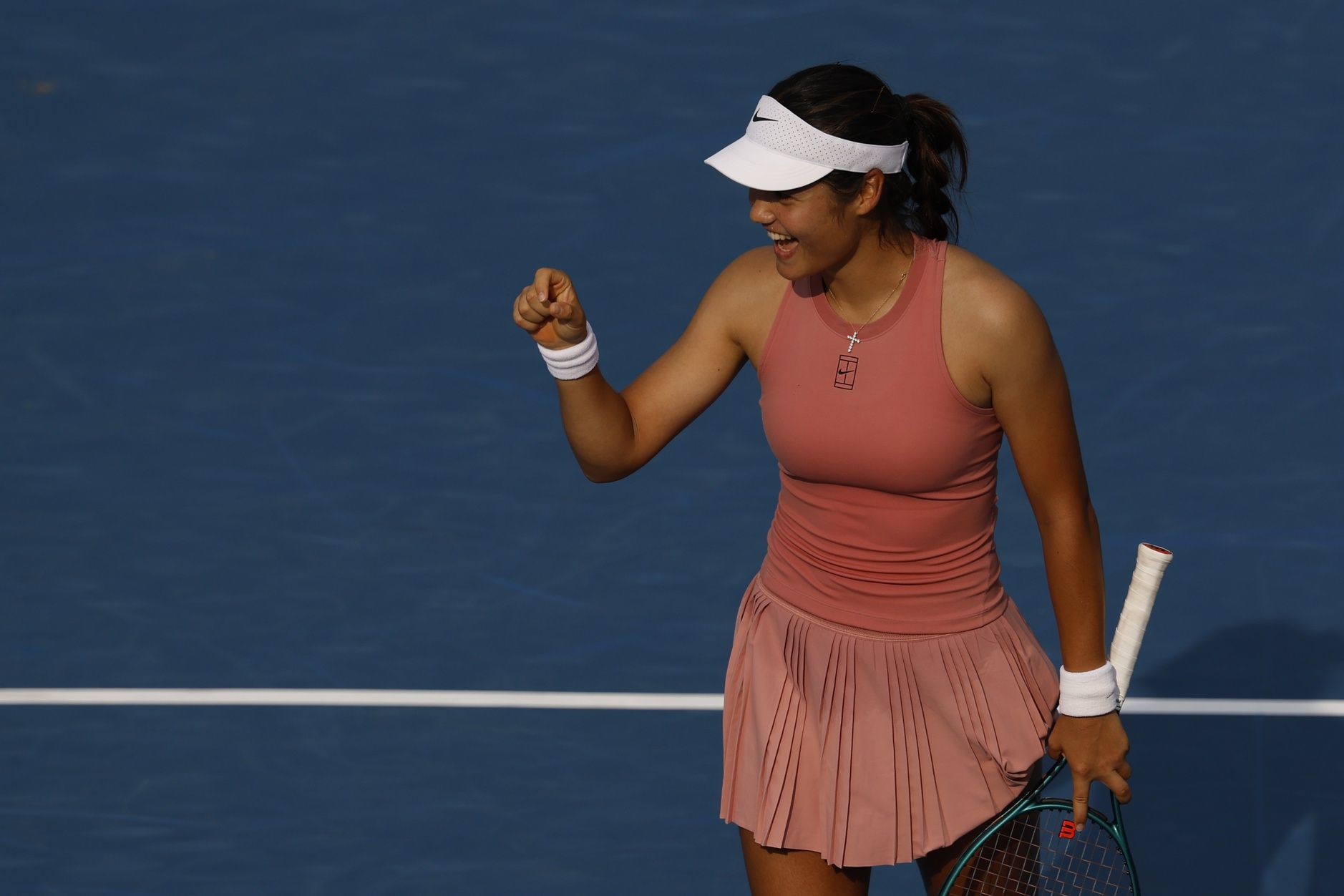 Emma Raducanu (GBR) celebrates after her match against Marta Kostyuk (UKR)(not pictured) in a women's singles match on day two of the Mubadala Citi DC Open at Rock Creek Park Tennis Center.